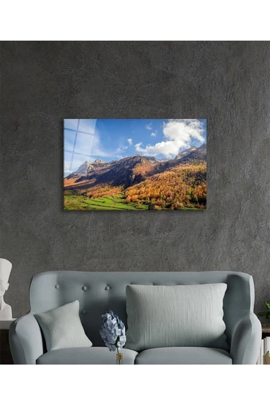 AlpiLeo Yeşil Ağaçlı Dağ Manzarası Ve Gökyüzü Alp Özel Cam Tablo, Ev Ve Ofis Duvar Dekoru - Resim 3