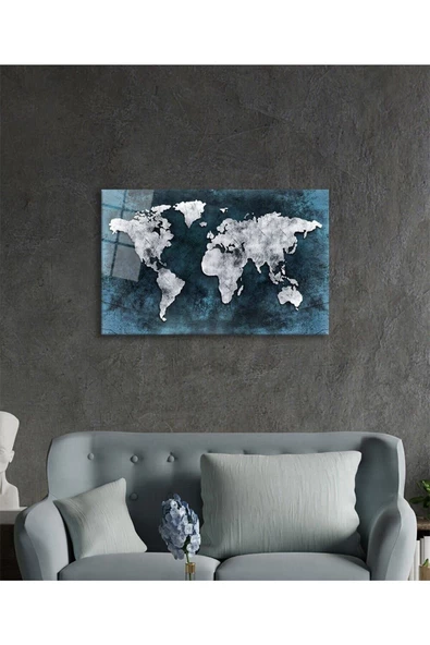 AlpiLeo Gri Eskitme Dünya Haritası Alp Özel Cam Tablo, Ev Ve Ofis Duvar Dekoru - Resim 3