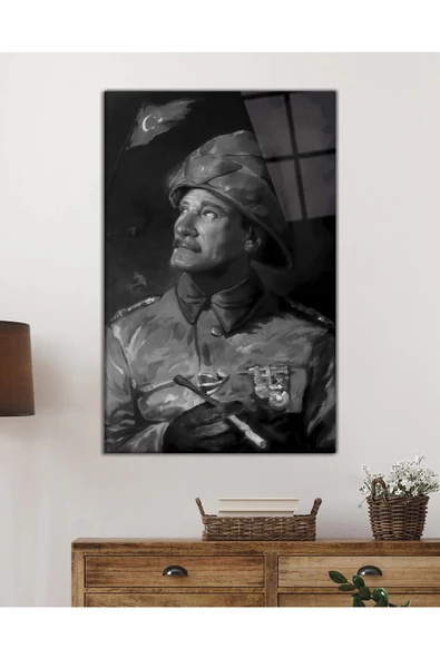 AlpiLeo Siyah Beyaz Yapay Zeka Üniformalı Atatürk Alp Özel Cam Tablo - Resim 2