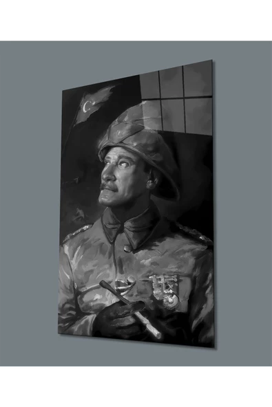 AlpiLeo Siyah Beyaz Yapay Zeka Üniformalı Atatürk Alp Özel Cam Tablo ürün görseli 1