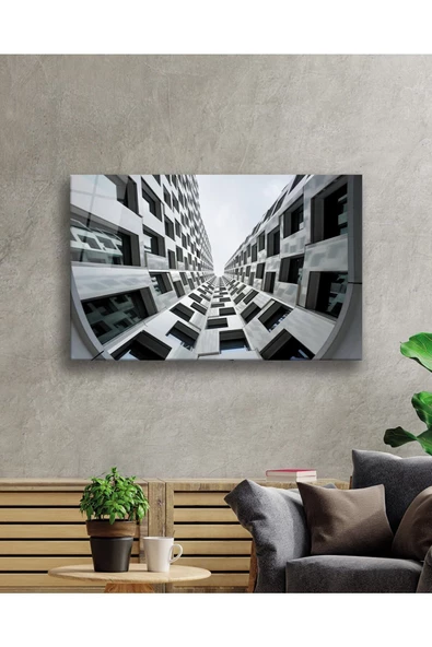 AlpiLeo Geometrik Siyah Beyaz Bina Alp Özel Cam Tablo, Ev Ve Ofis Duvar Dekoru - Resim 2