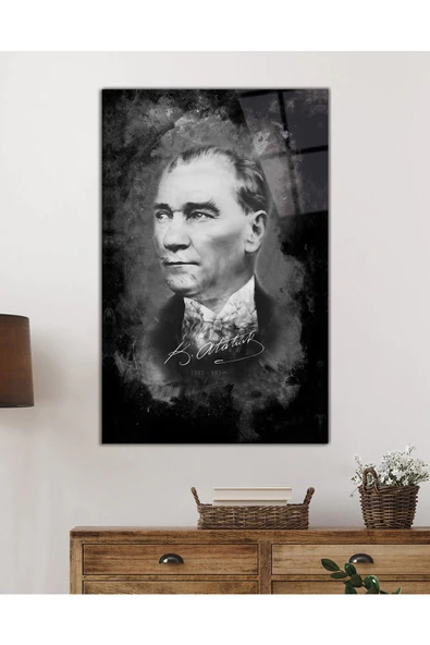 AlpiLeo Atatürk Portresi Siyah Beyaz Alp Özel Cam Tablo, Uv Baskılı Ve Temperli, Hediyelik - Resim 2