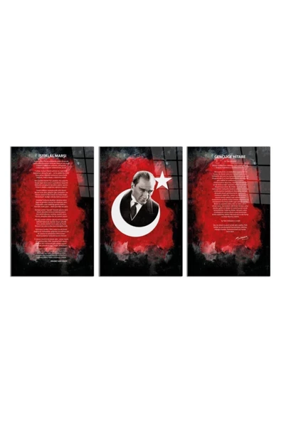 AlpiLeo Atatürk - Istiklal Marşı - Gençliğe Hitabe4 Alp Özel Cam Tablo (TOPLAM 3 PARÇA) ürün görseli 1
