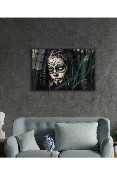 AlpiLeo Kafatası Makyajı Yerli Kadın Alp Özel Cam Tablo, Ev Ve Ofis Duvar Dekoru - Resim 2