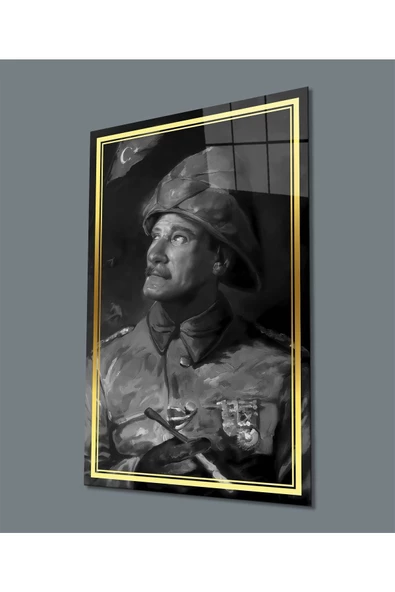 AlpiLeo Gold Şerit Siyah Beyaz Yapay Zeka Üniformalı Atatürk Alp Özel Cam Tablo ürün görseli 1