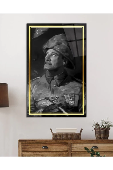 AlpiLeo Gold Şerit Siyah Beyaz Yapay Zeka Üniformalı Atatürk Alp Özel Cam Tablo - Resim 2