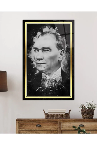 AlpiLeo Gold Şerit Siyah Beyaz Atatürk Alp Özel Cam Tablo - Resim 2