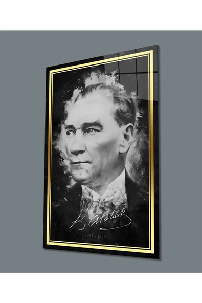 AlpiLeo Gold Şerit Siyah Beyaz Atatürk Alp Özel Cam Tablo ürün görseli 1