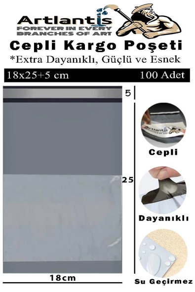 Plastik Kargo Poşeti Cepli 18x25+5 cm 100 Adet 1 Paket Ekonomik Cepli Kargo Poşeti Dayanıklı Gri Esnek