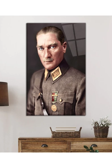 AlpiLeo Atatürk Portresi Uv Baskılı Alp Özel Cam Tablo, Ev Ve Ofis Duvar Dekoru - Resim 2
