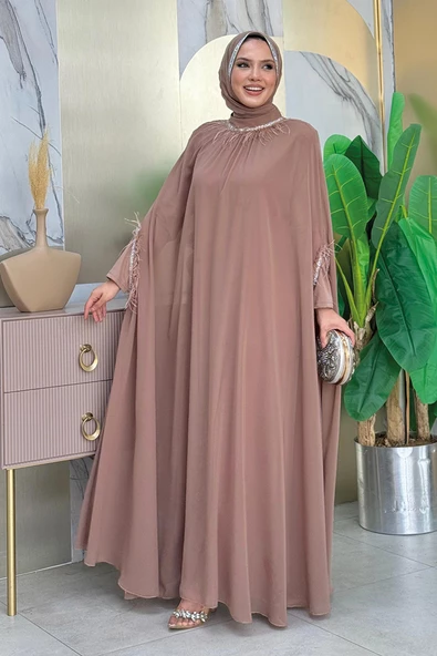 Püsküllü Yakası Taş Detaylı Abayalı Elbise Takım 8494 Vizon - Resim 3