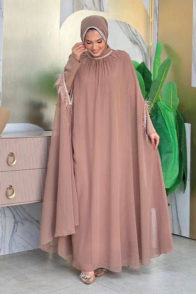 Püsküllü Yakası Taş Detaylı Abayalı Elbise Takım 8494 Vizon ürün görseli