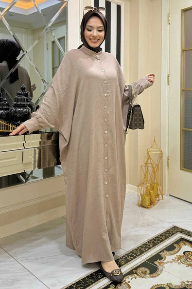 Ön Kısmı Boydan Düğmeli Salaş Elbise 7910 Vizon - Resim 3