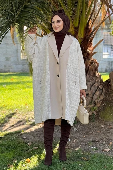 Önü Düğmeli Astarlı Kaşe Kapitone Kaban 7845 Taş