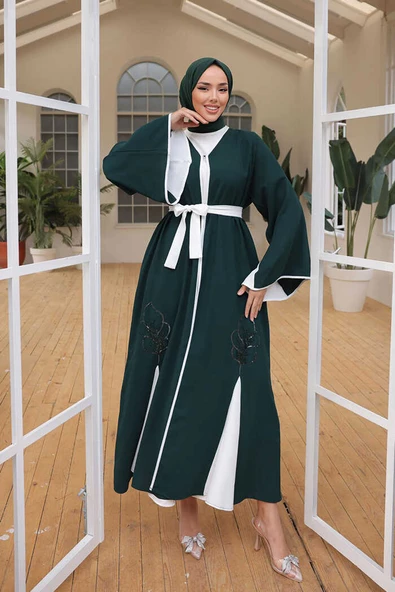Nakış İşleme Detaylı Bel Kuşaklı Abaya 7901 Zümrüt