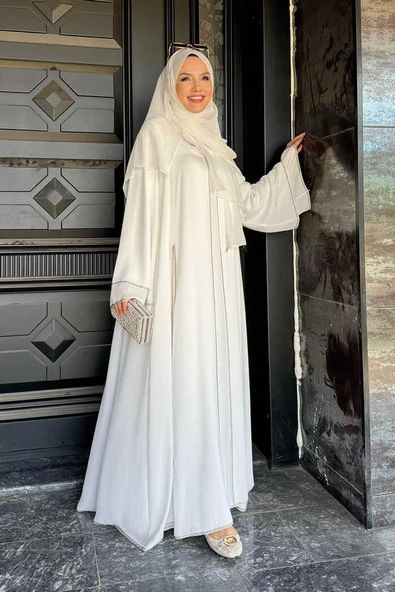 Taş İşleme Detaylı Elbise Abaya Takım 3873 Ekru - Resim 2