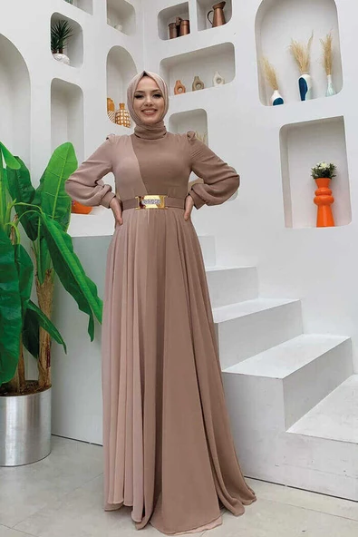 İki Renkli Şifon Bel Kemer Aksesuarlı Büyük Beden Abiye Elbise 3806-1 Vizon - 2