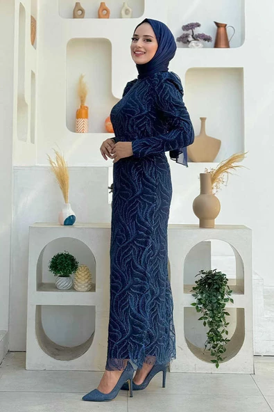 Dal Desenli Simli Tül Büyük Beden Abiye Elbise 1140-1 Lacivert - Resim 3