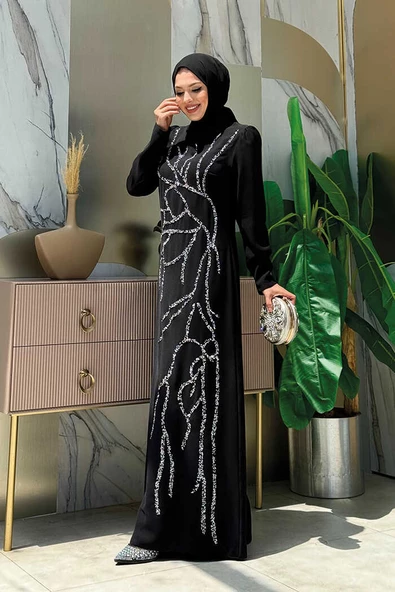 Taş İşleme Desenli Elbise 3889 Siyah
