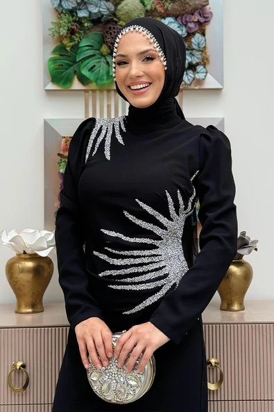 Omuz ve Bel Kısmı Taş Detaylı Abiye Elbise 3909 Siyah - Resim 4