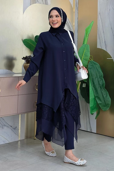 Dantel Ve Şifon Detaylı Asimetrik Kesim Tunik 2758 Lacivert - Resim 3