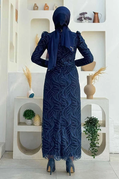 Dal Desenli Simli Tül Büyük Beden Abiye Elbise 1140-1 Lacivert - Resim 2