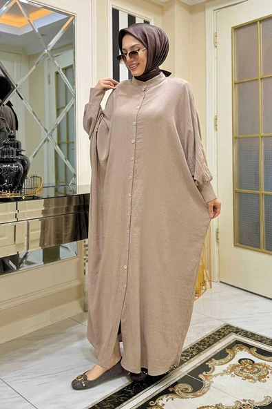 Ön Kısmı Boydan Düğmeli Salaş Elbise 7910 Vizon ürün görseli 1