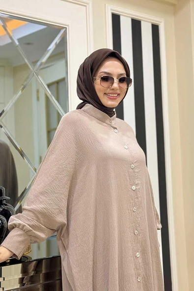 Ön Kısmı Boydan Düğmeli Salaş Elbise 7910 Vizon - Resim 4