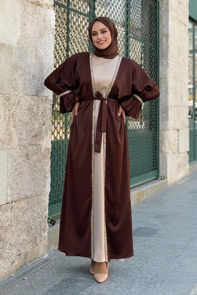 Taş İşleme Detaylı Kuşaklı Elbiseli Abaya Takım 3860 Koyu Kahve