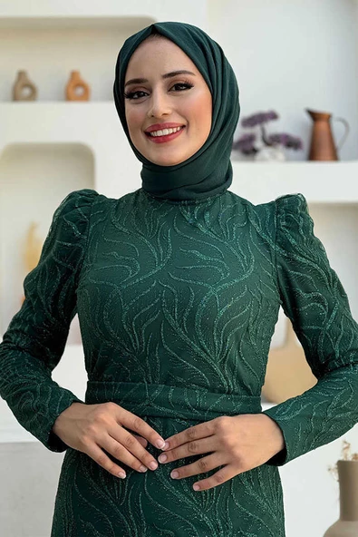 Dal Desenli Simli Tül Büyük Beden Abiye Elbise 1140-1 Zümrüt - Resim 4