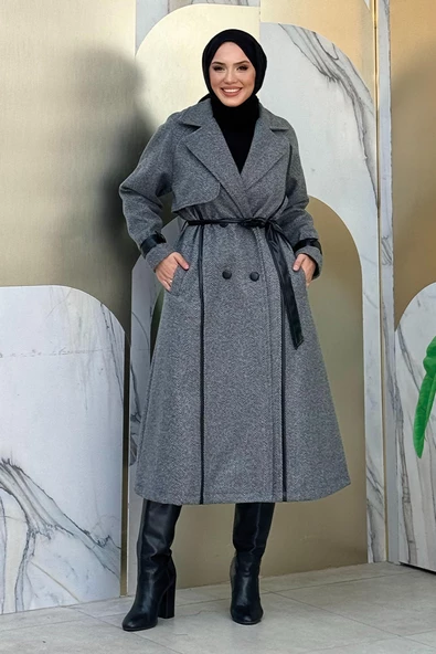 Astarlı Deri Detay Bel Kuşaklı Kaşe Kaban 7868 Gri