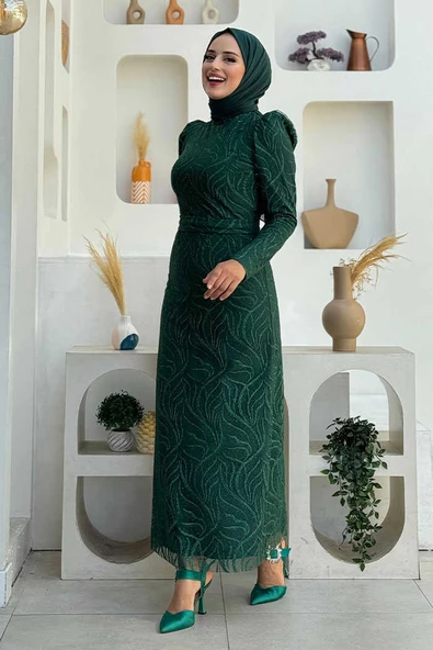 Dal Desenli Simli Tül Büyük Beden Abiye Elbise 1140-1 Zümrüt - Resim 3