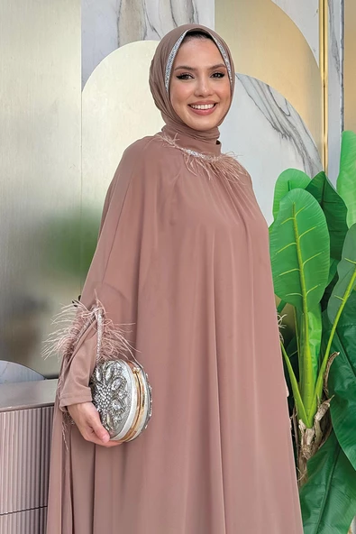 Püsküllü Yakası Taş Detaylı Abayalı Elbise Takım 8494 Vizon - Resim 4