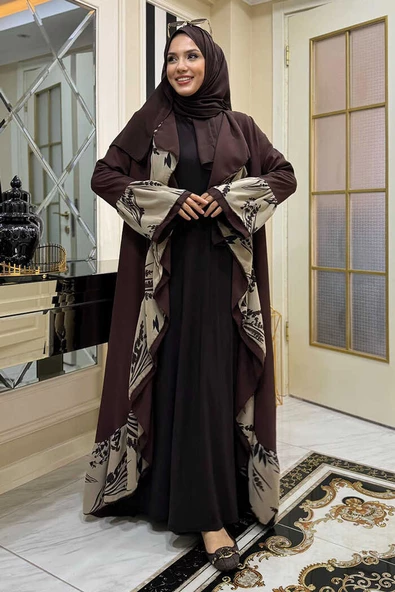 Çiçek Desenli Fırfırlı Abaya 7908 Kahverengi