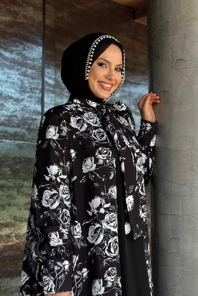 Boyun Bağcıklı Çiçek Desenli Abayalı Elbise Takım 3907 Siyah - Resim 4