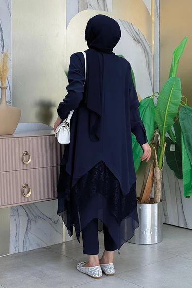 Dantel Ve Şifon Detaylı Asimetrik Kesim Tunik 2758 Lacivert - Resim 2