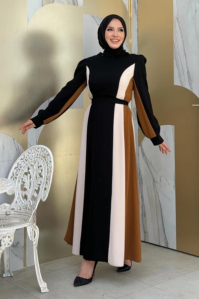 Bel Kuşaklı Üç Renk Elbise 3901 Siyah - Resim 3