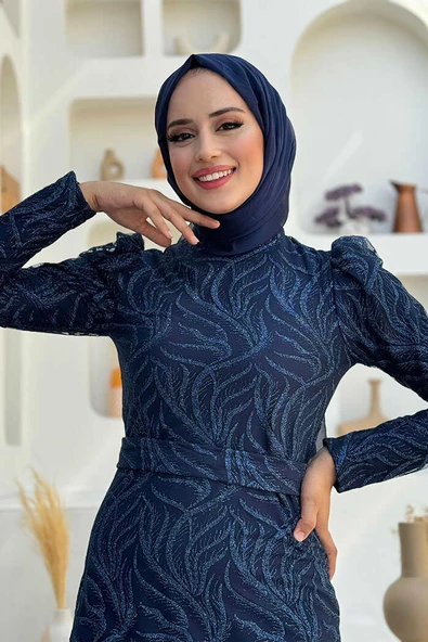 Dal Desenli Simli Tül Büyük Beden Abiye Elbise 1140-1 Lacivert - Resim 4