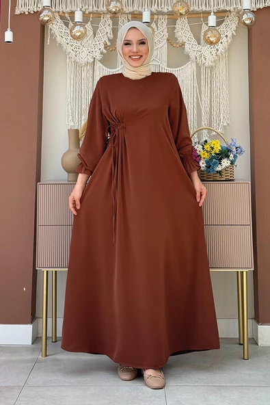 Tek Tarafı Yandan Büzmeli Elbise 6017 Kahverengi