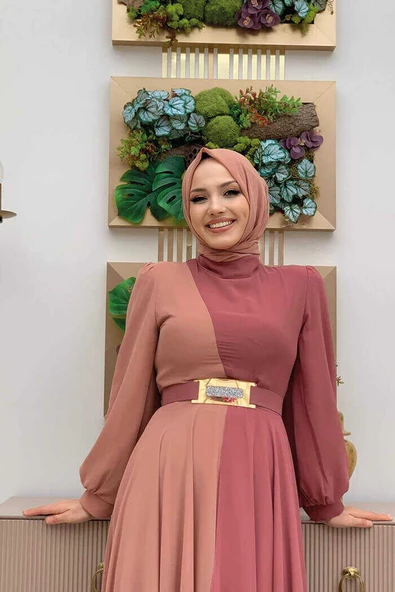 İki Renkli Şifon Bel Kemer Aksesuarlı Büyük Beden Abiye Elbise 3806-1 Gül Kurusu - Resim 4