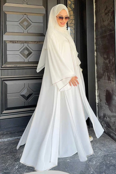 Taş İşleme Detaylı Elbise Abaya Takım 3873 Ekru - Resim 3