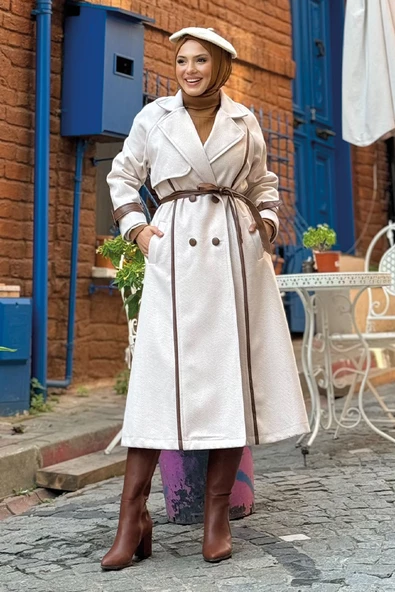 Astarlı Deri Detay Bel Kuşaklı Kaşe Kaban 7868 Ekru