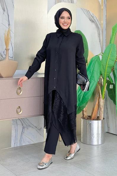 Dantel Ve Şifon Detaylı Asimetrik Kesim Tunik 2758 Siyah - 3