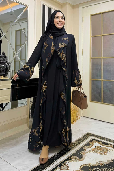 Çiçek Desenli Fırfırlı Abaya 7908 Siyah