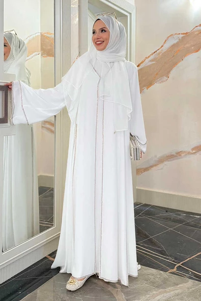 Taş İşleme Detaylı Elbise Abaya Takım 3873 Ekru ürün görseli 1