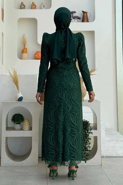 Dal Desenli Simli Tül Büyük Beden Abiye Elbise 1140-1 Zümrüt - Resim 2