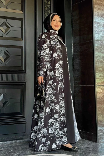 Boyun Bağcıklı Çiçek Desenli Abayalı Elbise Takım 3907 Siyah - Resim 2