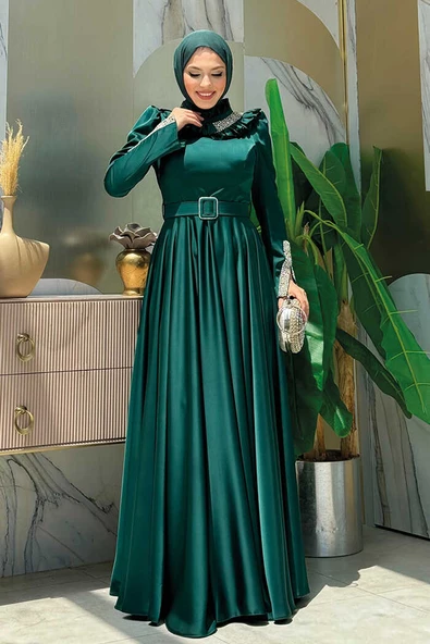 Fırfırlı Taş Detaylı Kemer Aksesuarlı Saten Abiye Elbise 1155 Zümrüt - Resim 3