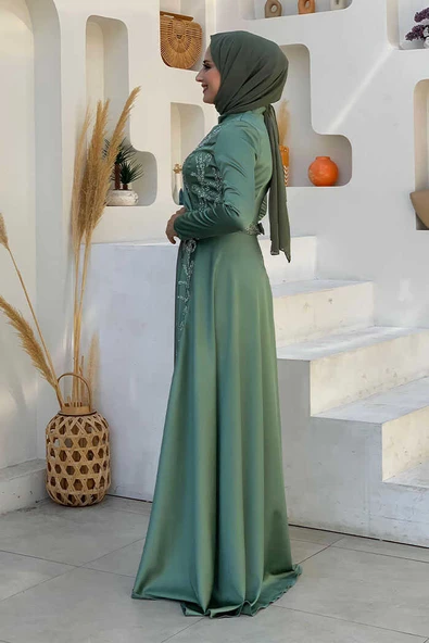 Taş Detaylı Kemer Aksesuarlı Saten Abiye Elbise 5002 Mint - Resim 3