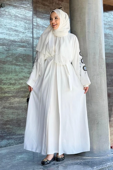 Nakış İşleme Detaylı Bel Kuşaklı Abaya 7898 Ekru
